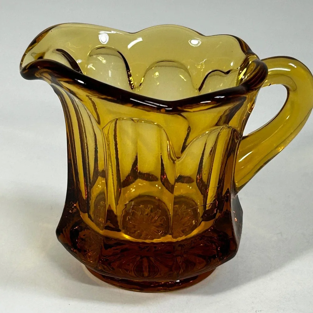 Vintage Amber Glass Creamer Paneled Scalloped Rim Small Pitcher Honey Gold‎